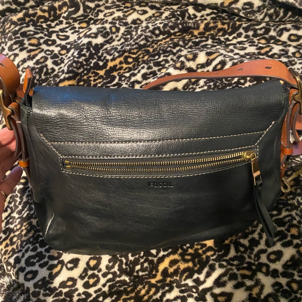 Fossil Black and Brown Crossbody Bag with Gold Accents